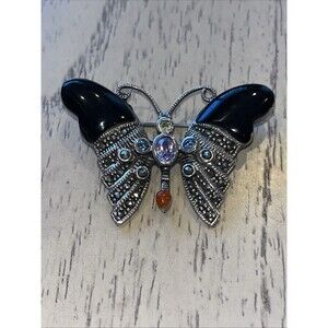 Black Onyx Amethyst Peridot Garnet Sterling Silver Butterfly Brooch